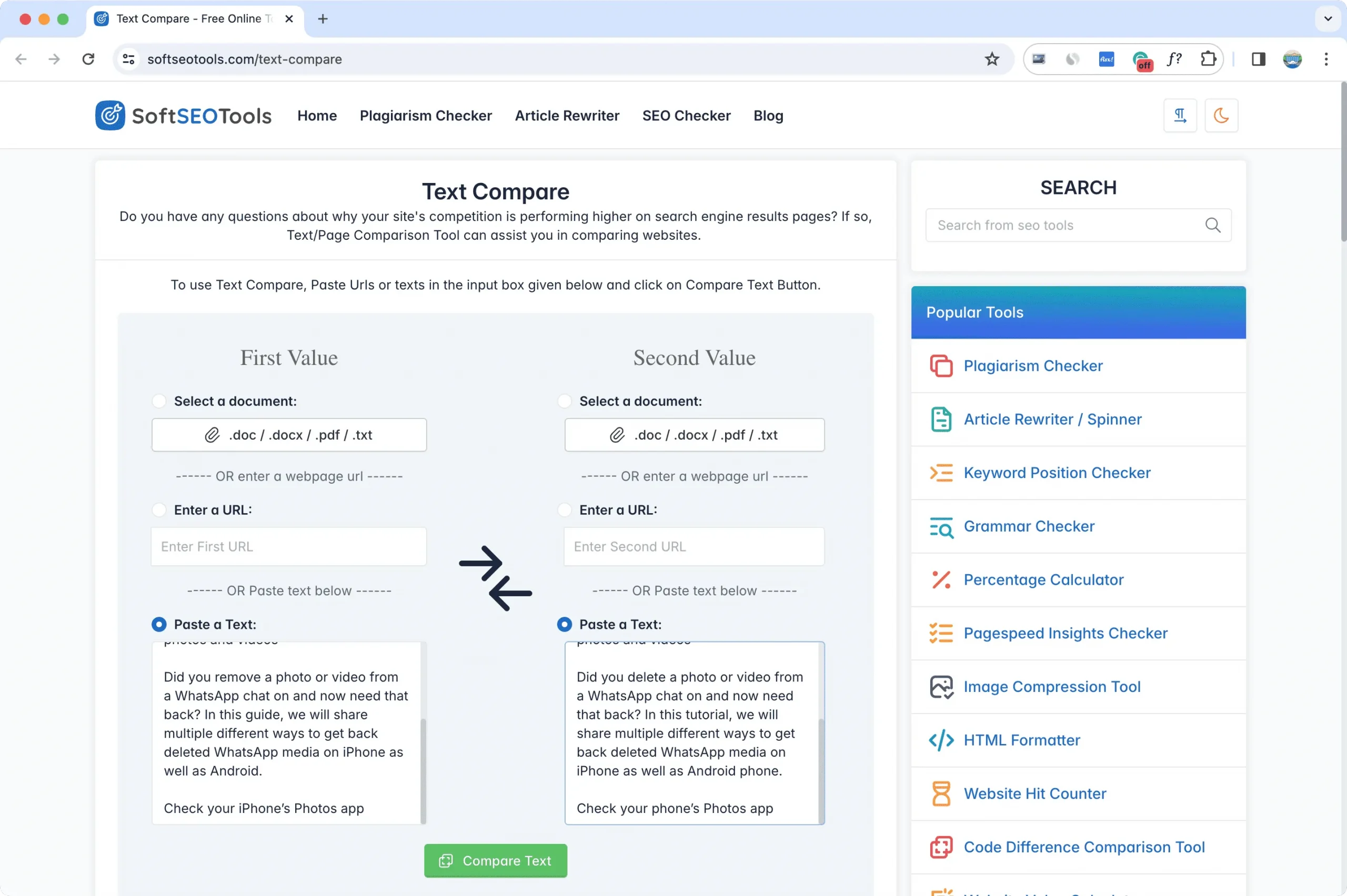 Comparaison de texte SoftSEOTools sur Mac