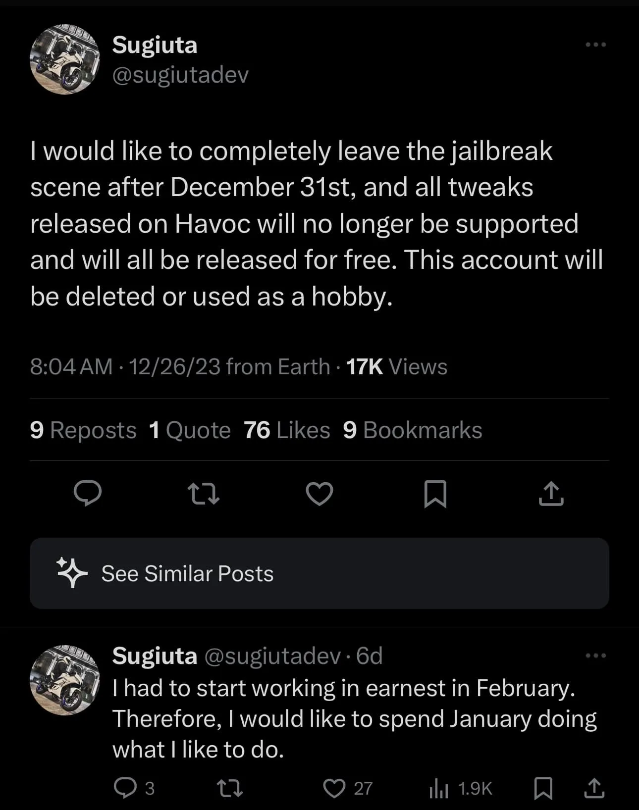 El desarrollador de iOS @sugiuta abandona la comunidad de jailbreak.