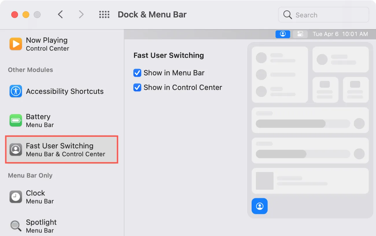 Cambio rápido de usuario en el Dock y en la barra de menús
