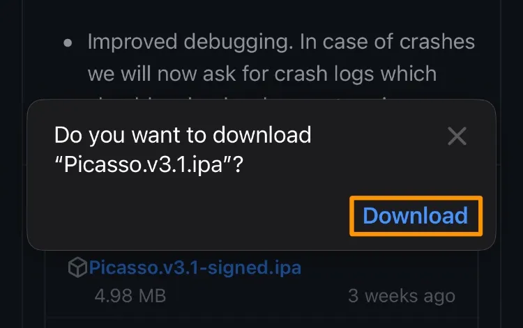 Botão de download em pop-up para Picasso ipa.