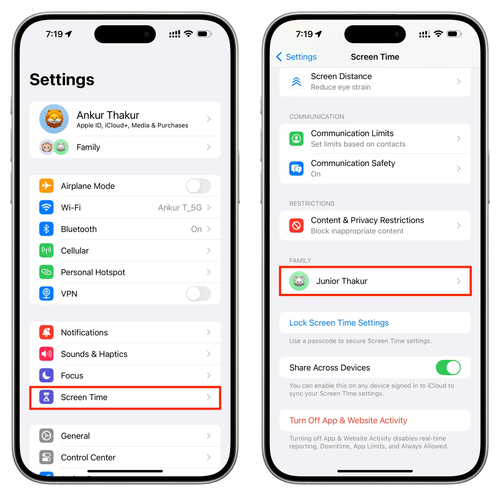Tap your child name in iPhone Screen Time settings Tap your child name in iPhone Screen Time settings