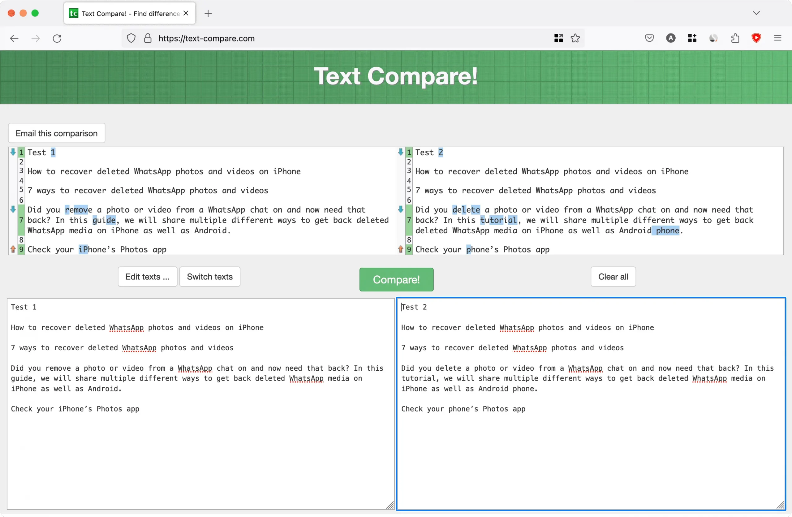 Comparar texto para ver la diferencia en el texto