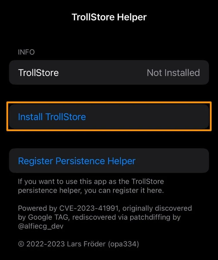 Aplicación de consejos para instalar el botón TrollStore.