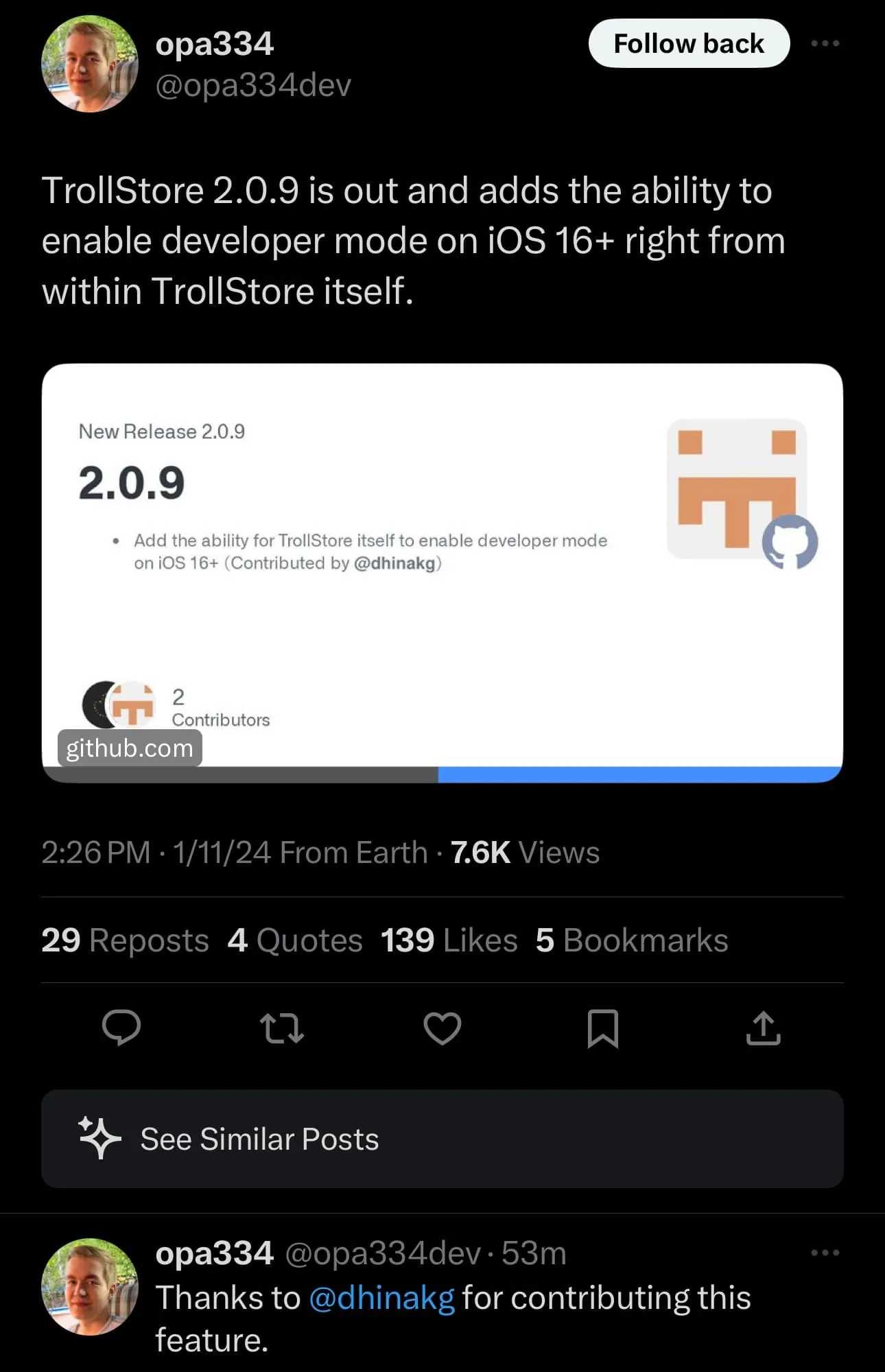 TrollStore v2.0.9 lanzado y anunciado.