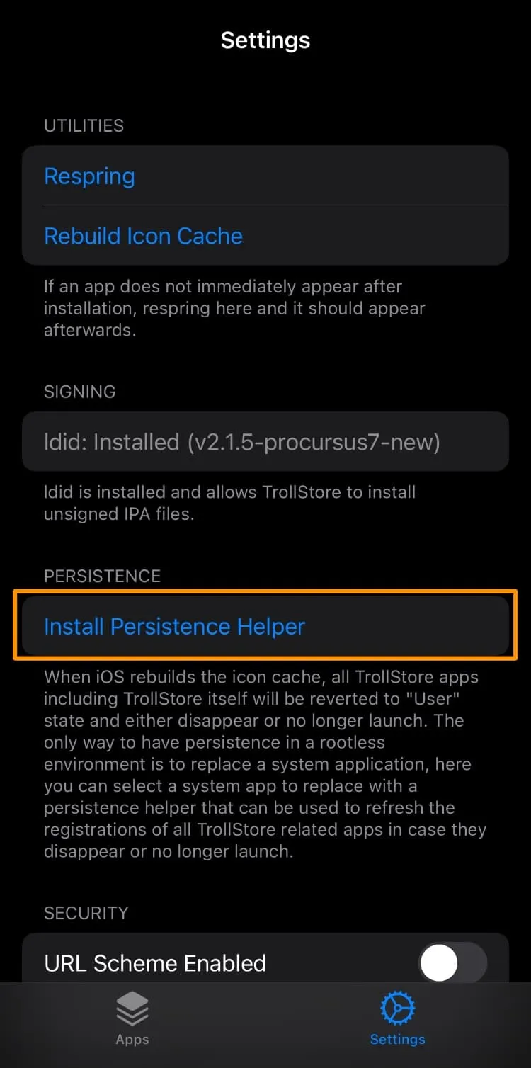 TrollStore instala Persistence Helper.