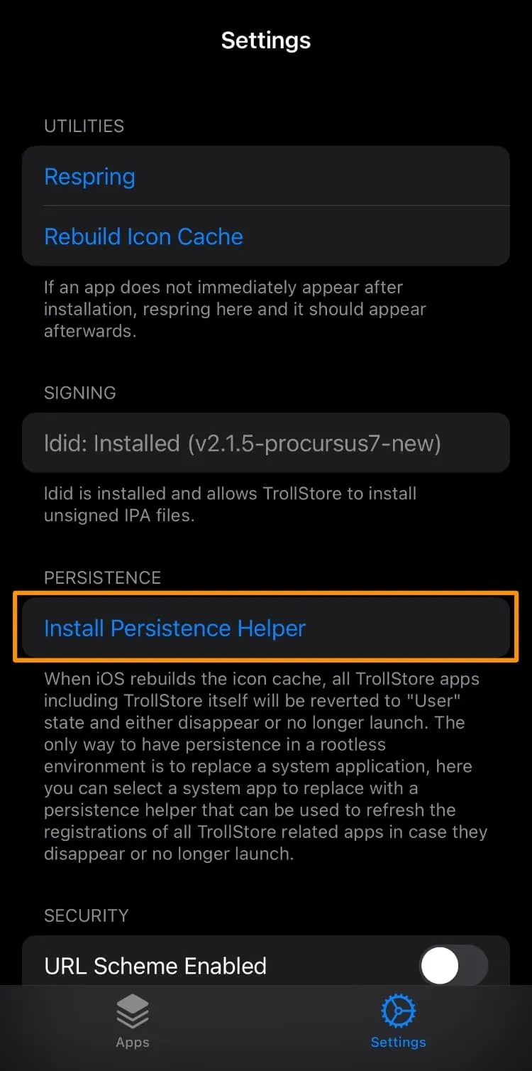 TrollStore installe Persistence Helper.