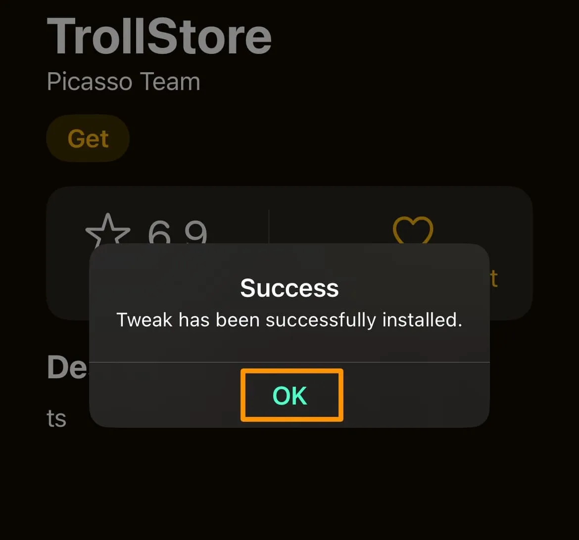 TrollStore framgång Picasso-appen OK-knapp.