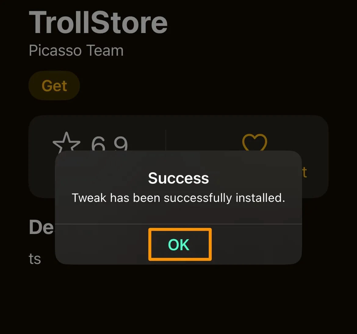 Éxito de TrollStore Aplicación Picasso Botón Aceptar.