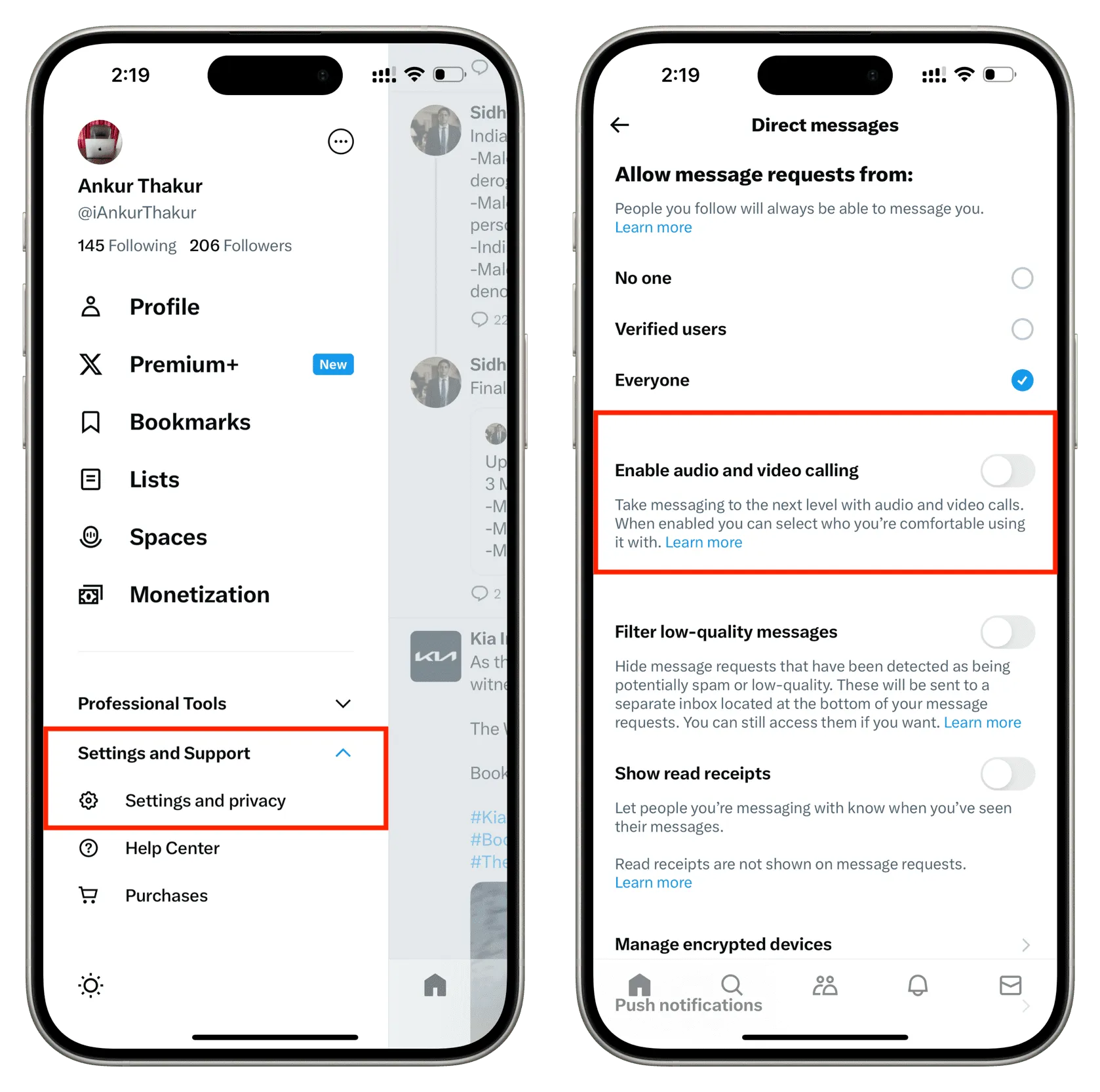 Desactiva las llamadas de audio y vídeo en Twitter en iPhone