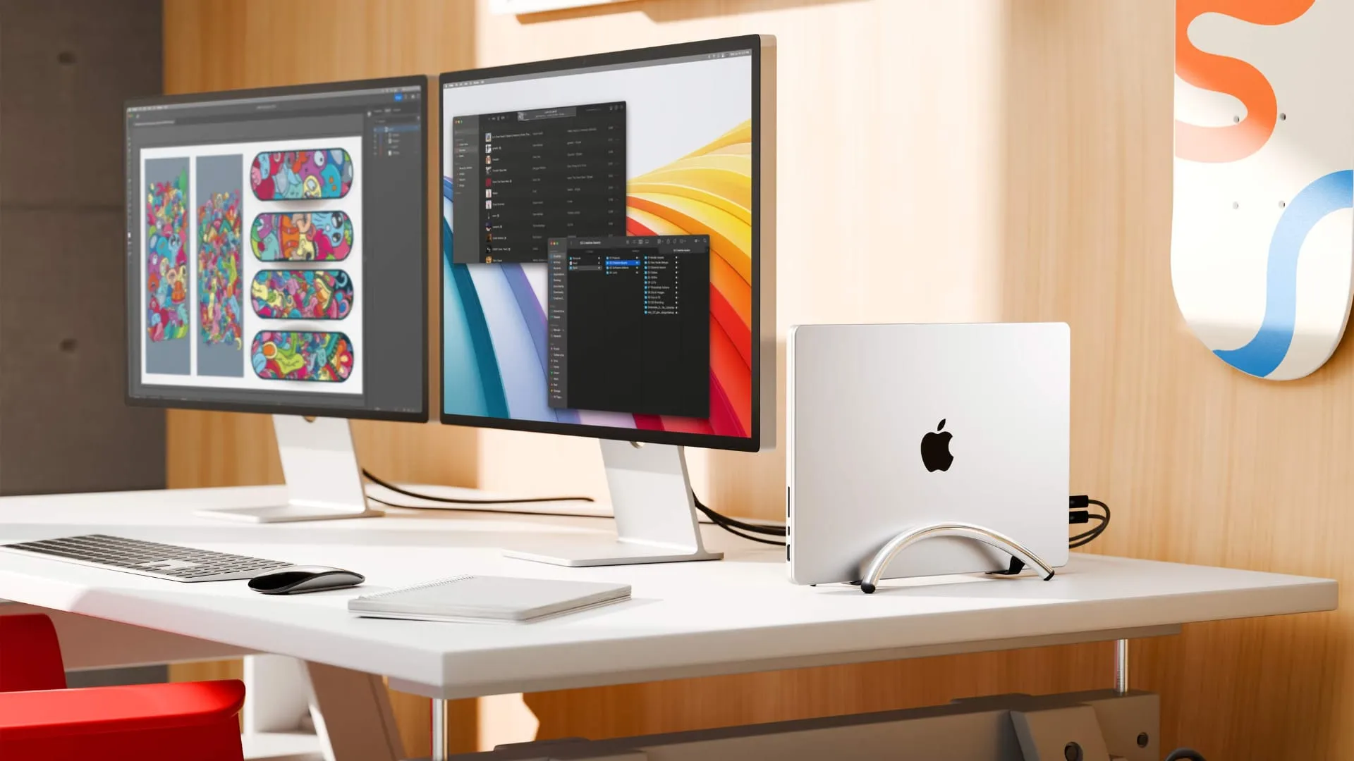 Elegante escritorio de trabajo con dos monitores y MacBook Pro en modo plegable sostenido por el soporte BookArc Flex de Twelve South