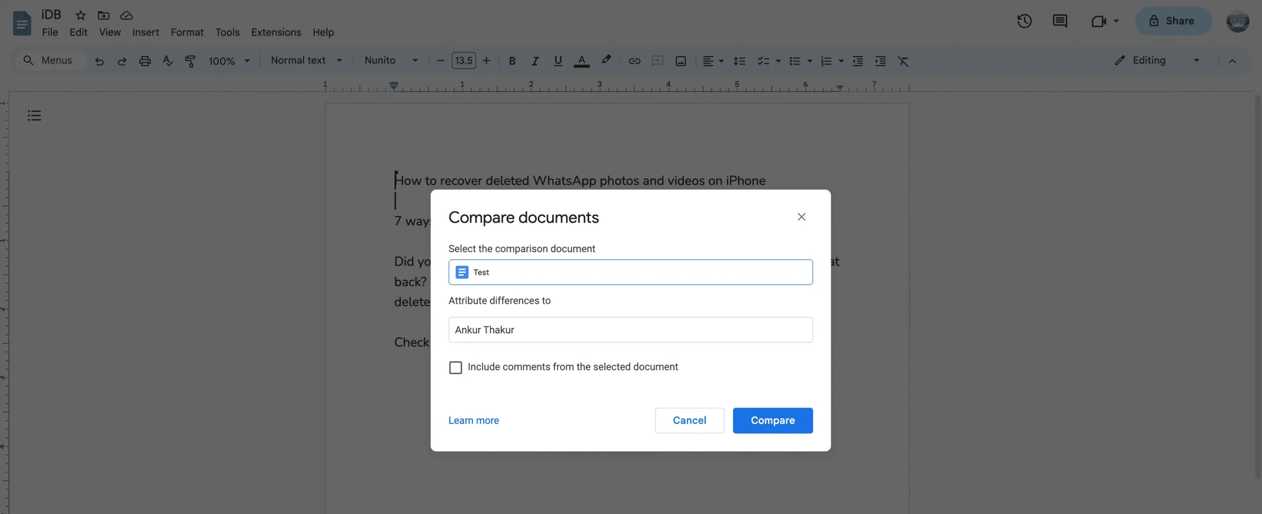 Utiliser Google Docs pour comparer deux documents