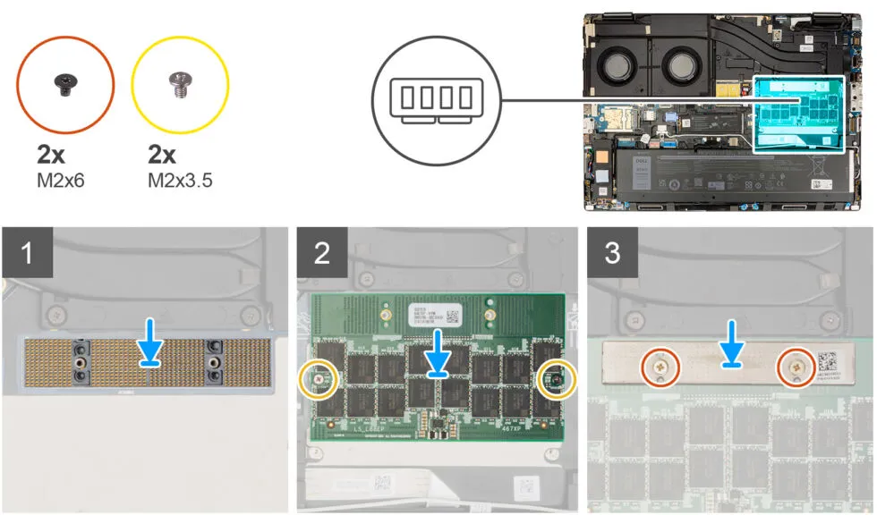 Guía de reparación de Dell para reemplazar el módulo CAMM en una computadora portátil Precision 7670.  El módulo debe estar atornillado y, al igual que con las actualizaciones de CPU de escritorio, deberá tener cuidado de no dañar los pines de la placa base.