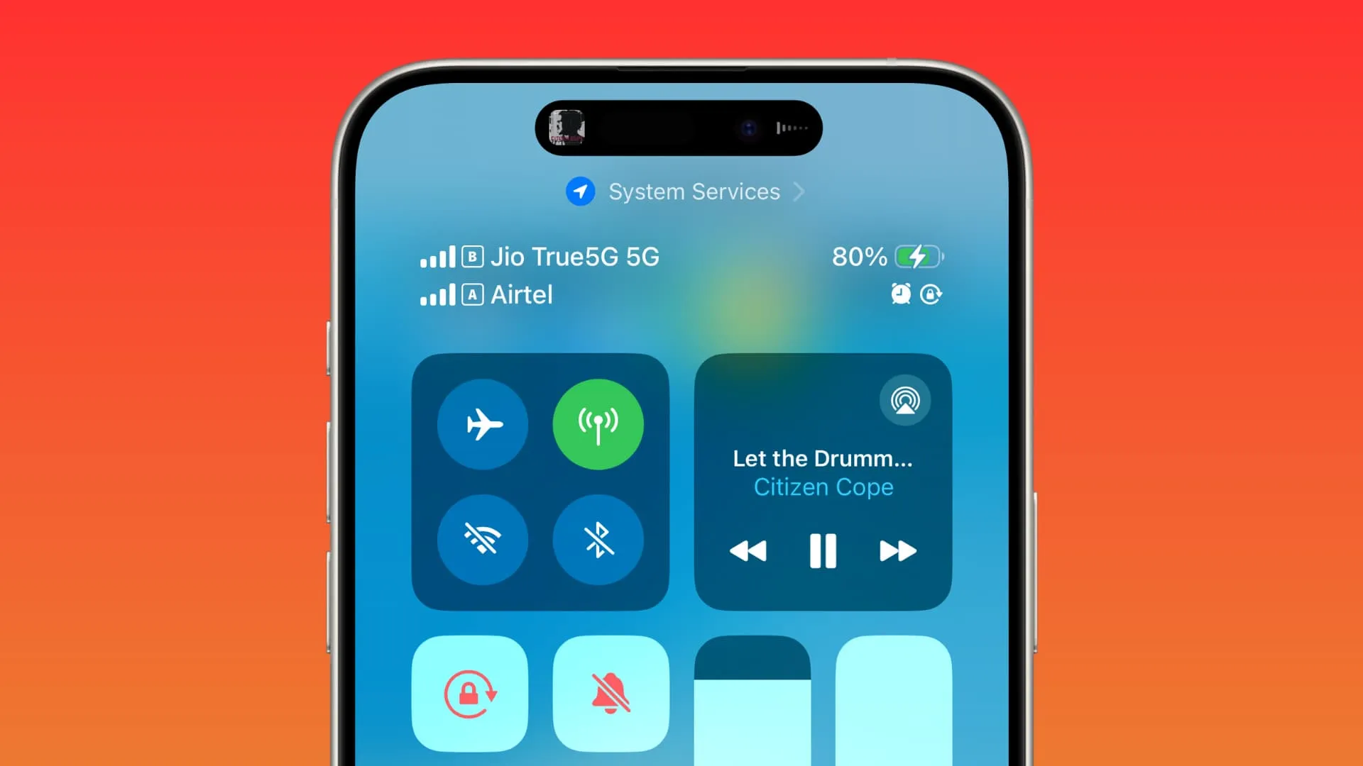 Centro de control de iPhone con Wi-Fi y Bluetooth completamente apagados