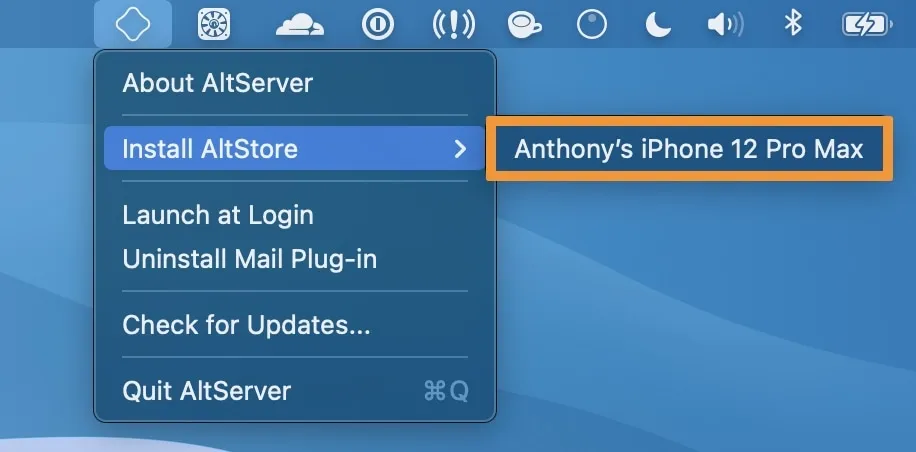 Instale o AltStore através da barra de menus do macOS.