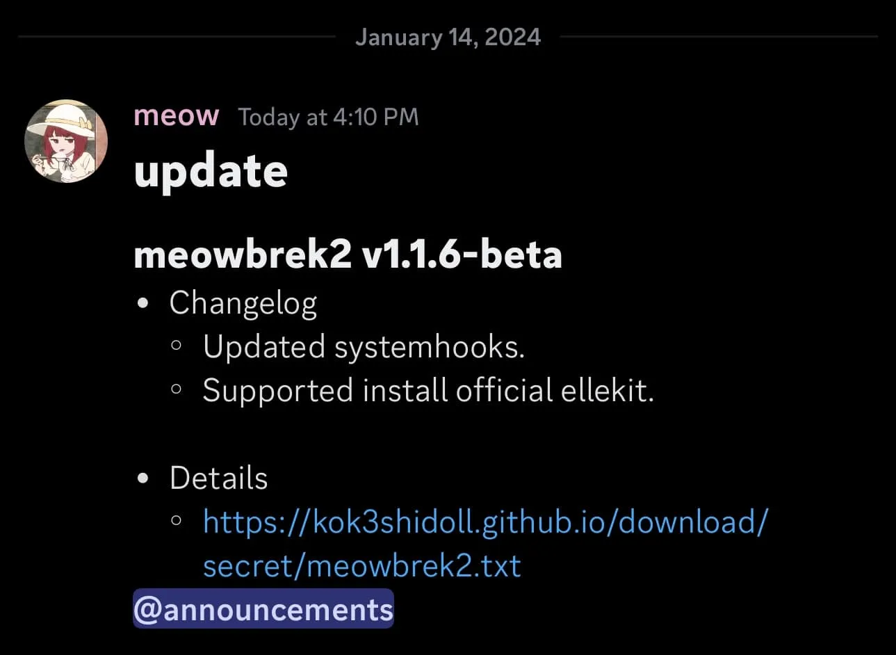 Meowbrek2 v1.1.6 ベータ版が発表されました。