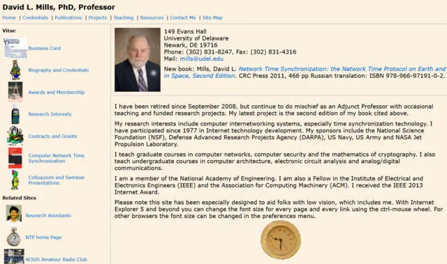 En skärmdump av Dr. David L. Mills webbplats vid University of Delaware tagen den 19 januari 2024.