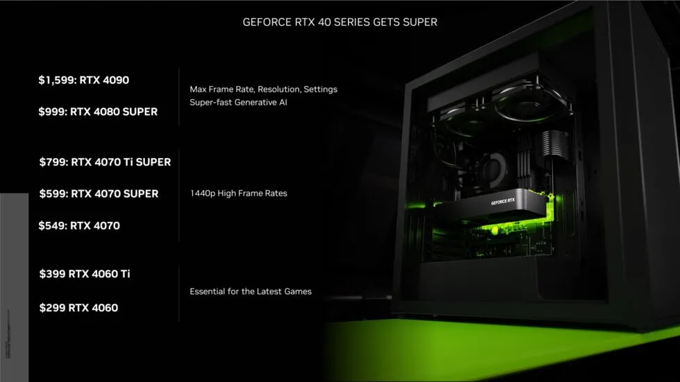 La mayor parte de la gama RTX serie 40.  Los modelos 4080 y 4070 Ti originales desaparecerán, mientras que el 4070 original ahora cuesta $ 549.  No se muestra aquí, pero Nvidia confirmó que la 4060 Ti de 16 GB también se mantiene a $ 449.