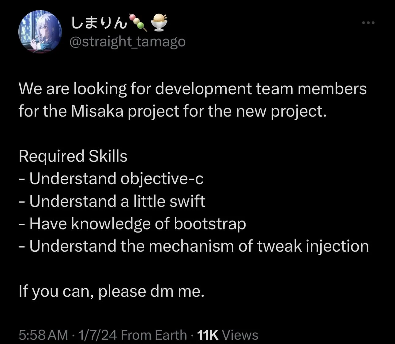 Vývojář Misaka hledá vývojáře tweak injection.