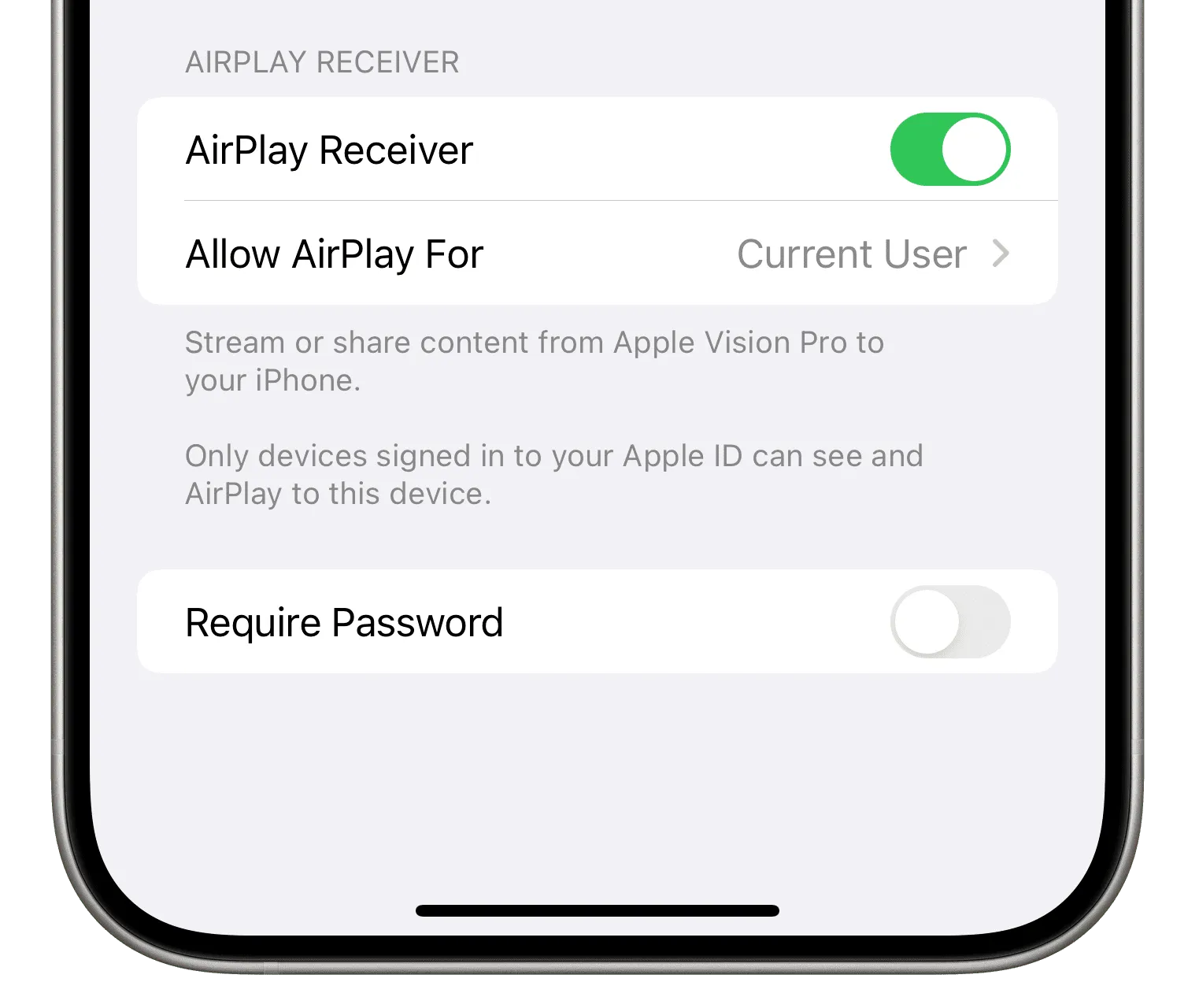 Настройки приемника AirPlay на iPhone