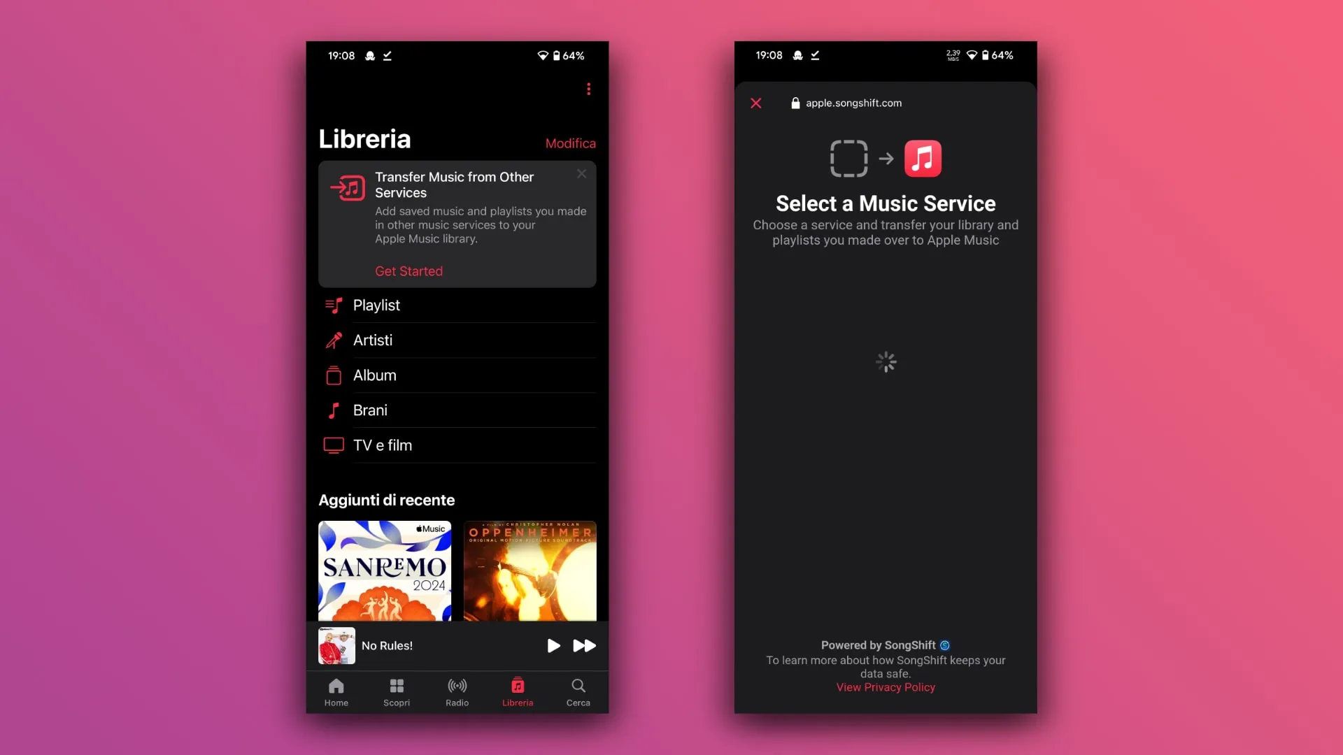 Apple Music para Android muestra un mensaje que ofrece transferir música desde otros servicios