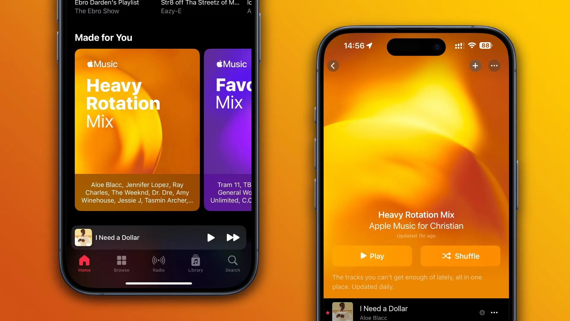 La aplicación Música en iPhone que muestra la lista de reproducción Heavy Rotation Mix