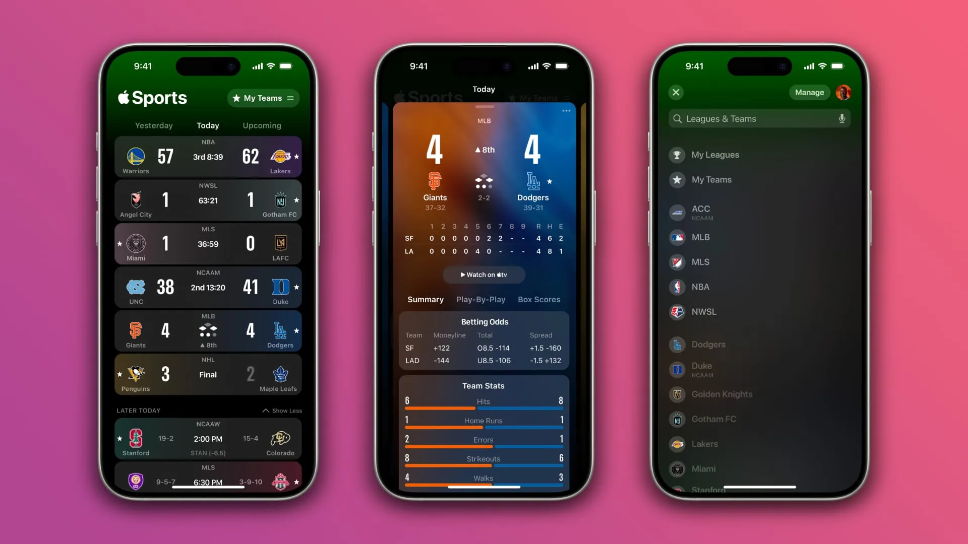 Apple Sports en iPhone muestra la sección Mis equipos, la página del juego y la gestión de ligas y equipos