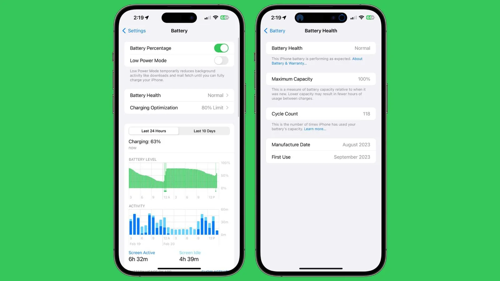 Application Paramètres sur iPhone 15 affichant les statistiques de santé de la batterie