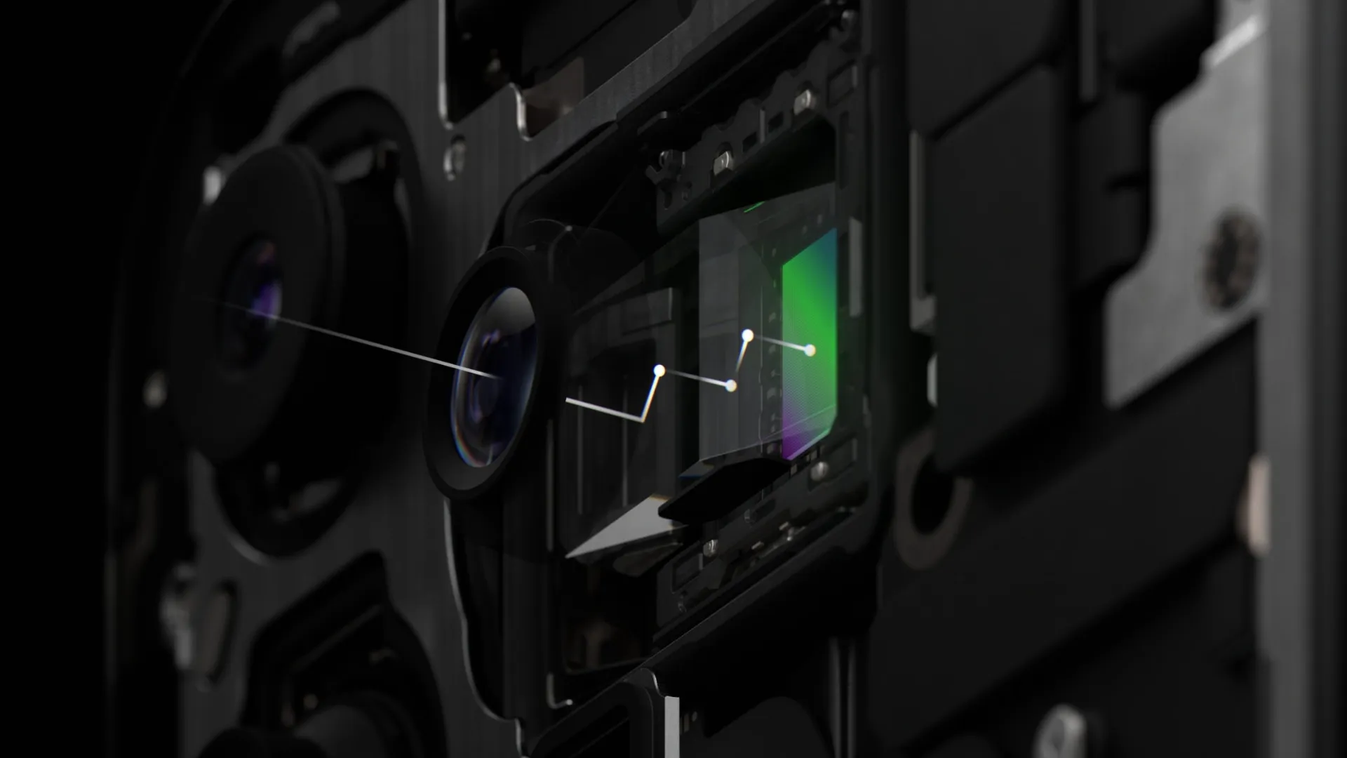 Imagen de marketing que muestra la luz entrando por la lente tetraprisma del iPhone 15 Pro Max