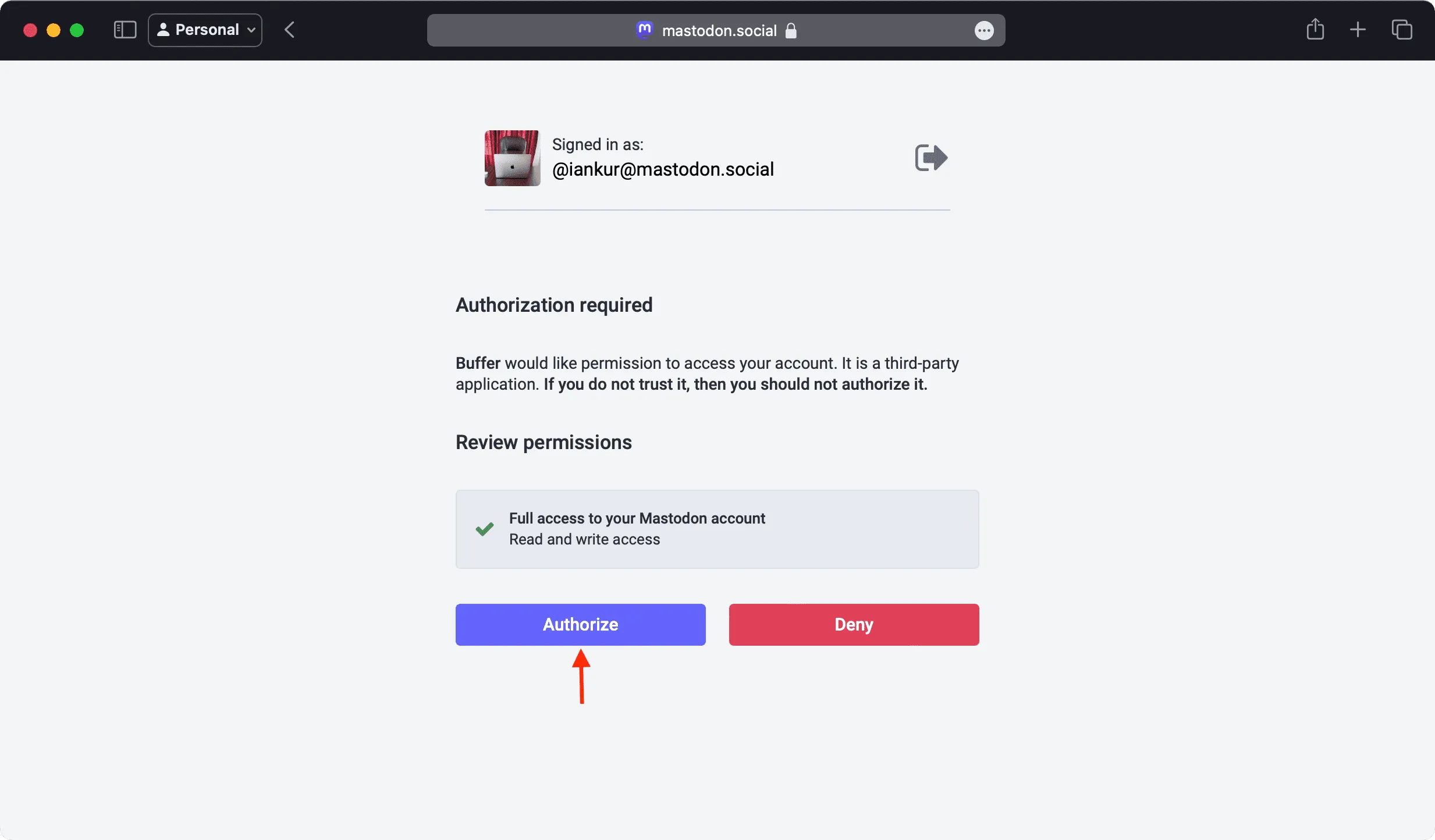 Autoriza a Buffer a acceder a tu perfil de Mastodon