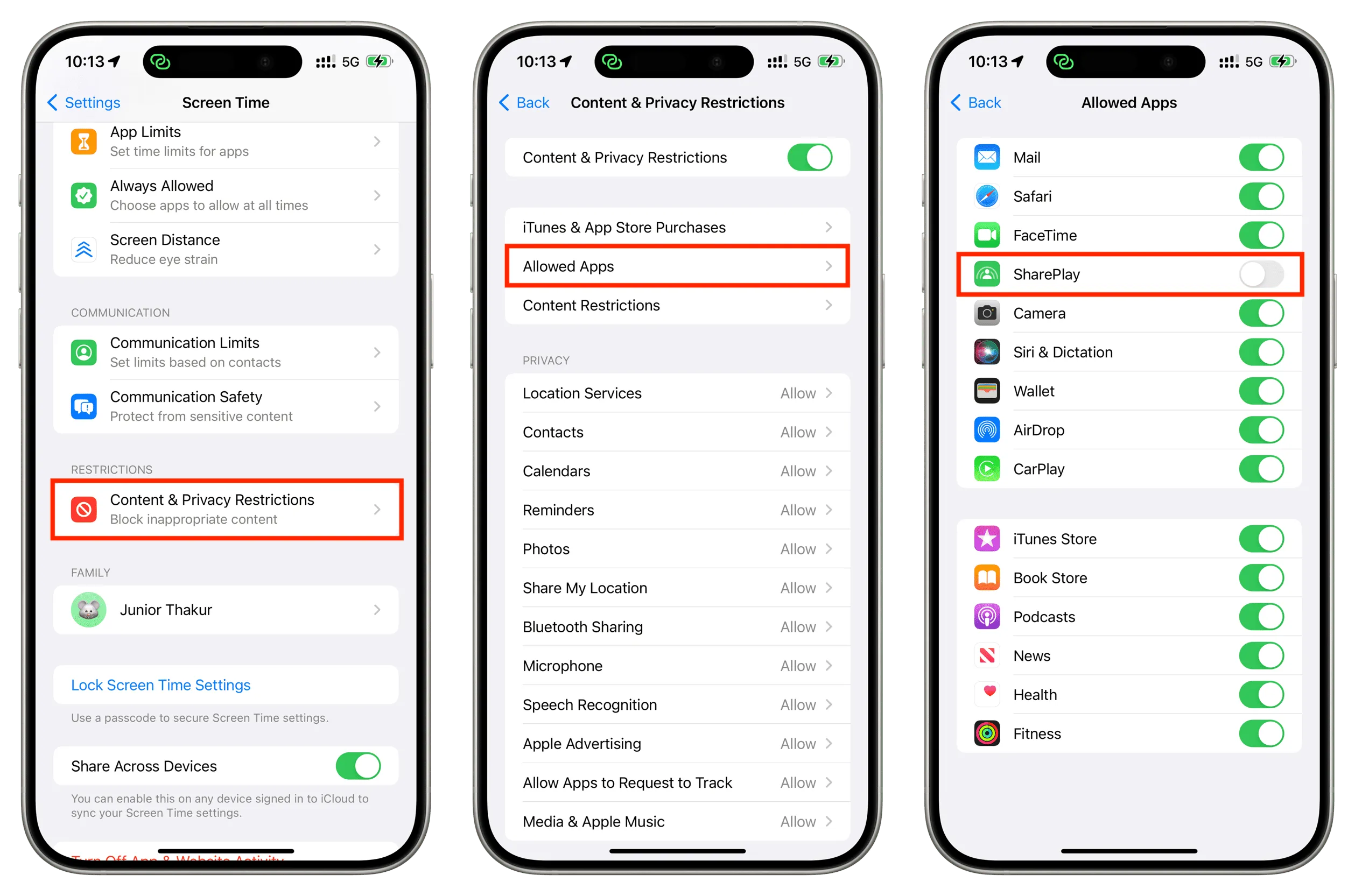 Bloquer SharePlay à partir des paramètres de temps d'écran sur iPhone