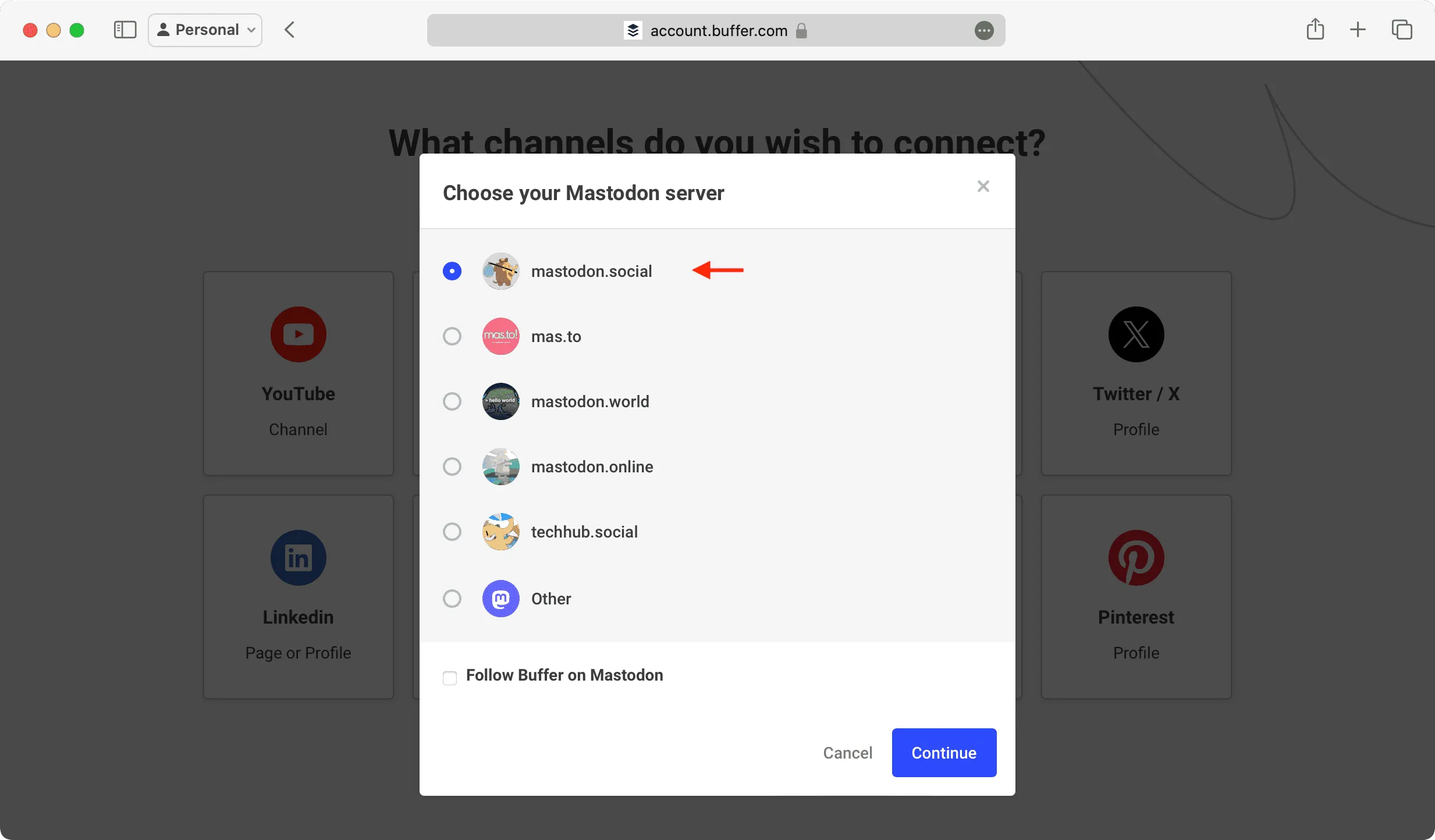 Elija su servidor Mastodon para Buffer
