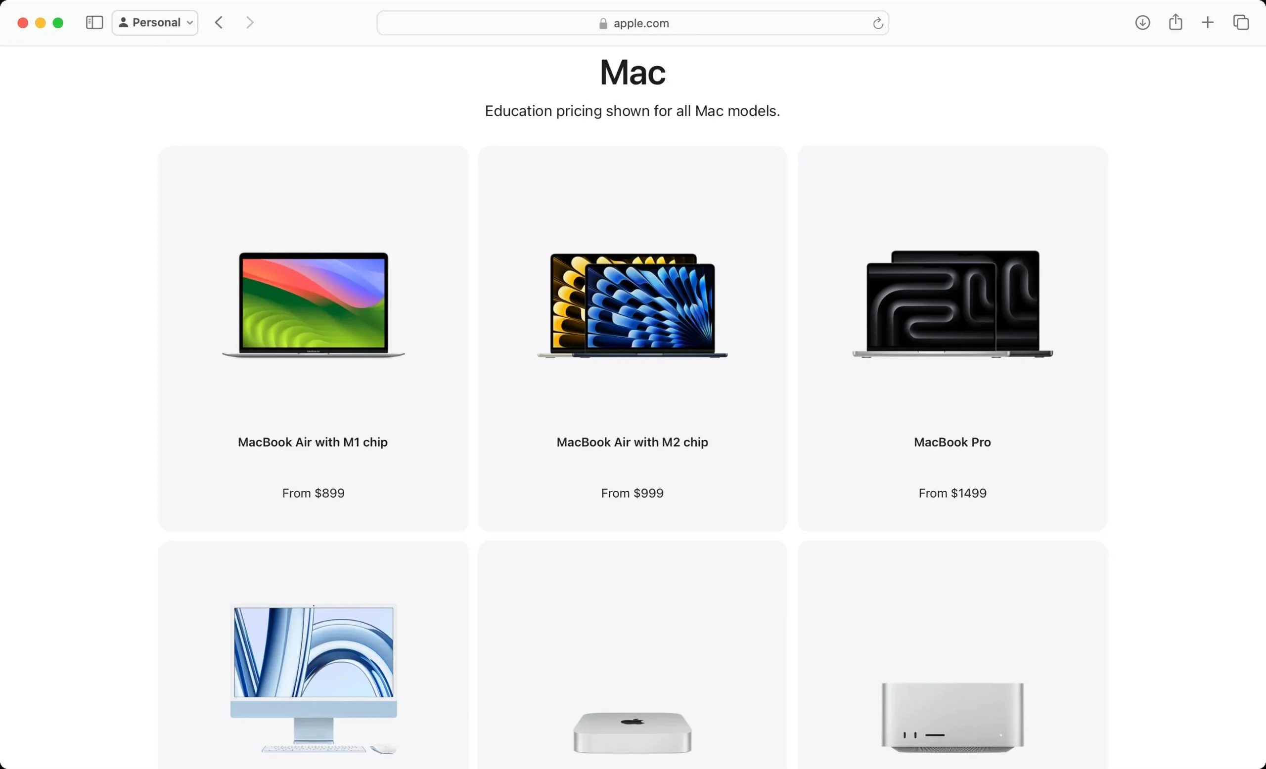 Preços educacionais mostrados para todos os modelos de Mac