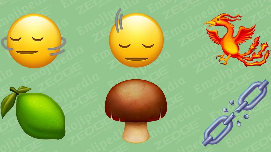Personajes emoji: cabezas temblorosas, fénix, lima, seta marrón y cadenas rotas.