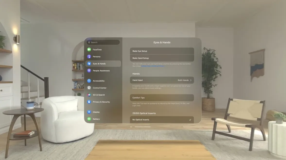 Ogen- en handinstellingen op Vision Pro