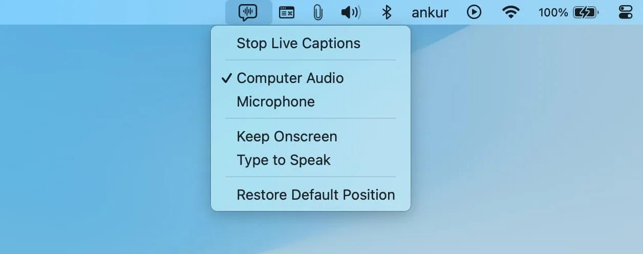 Mac メニューのライブ キャプション オプション