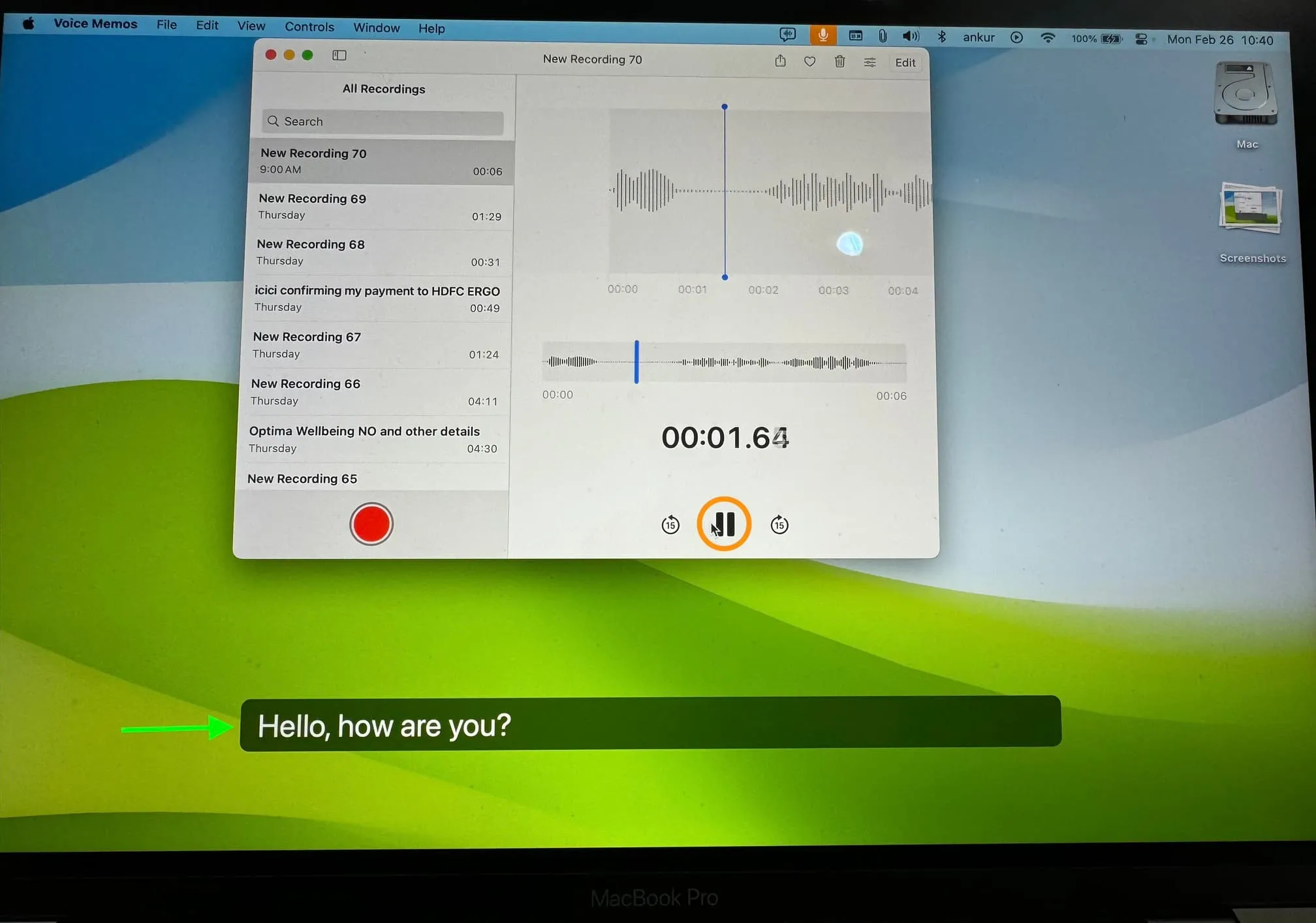 Mac 上で音声メモを文字に起こすためのライブ キャプション