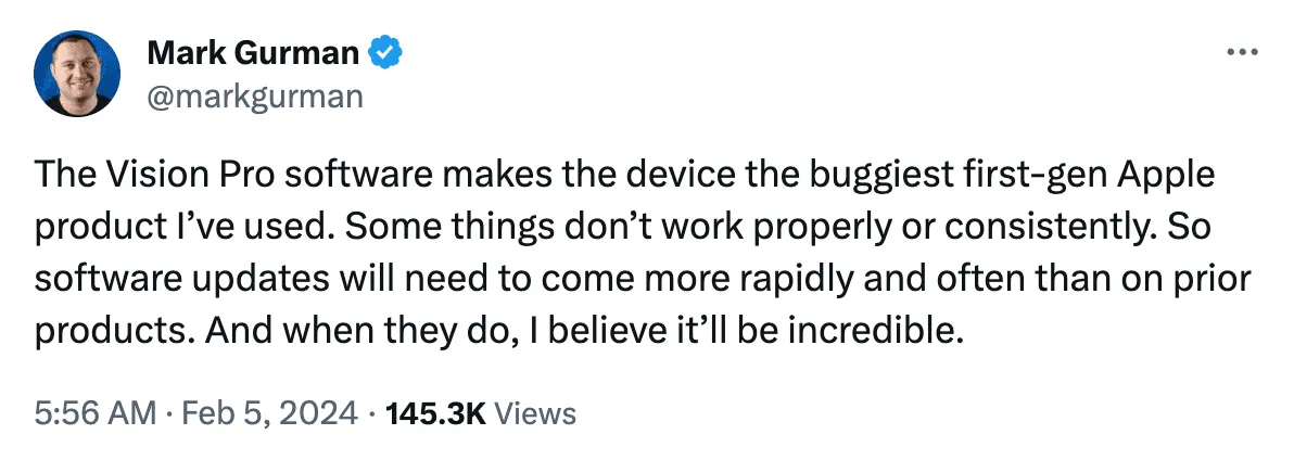 マーク・ガーマン氏がバグのあるVision Proについてツイート