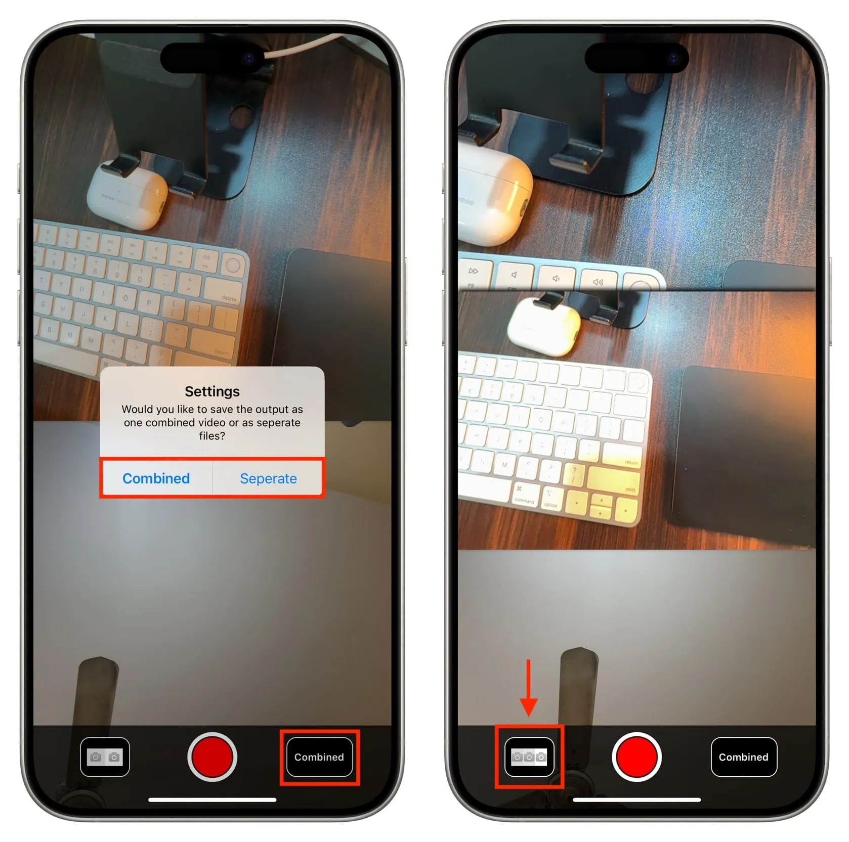 Application Multicam Pro sur iPhone enregistrant avec les deux caméras