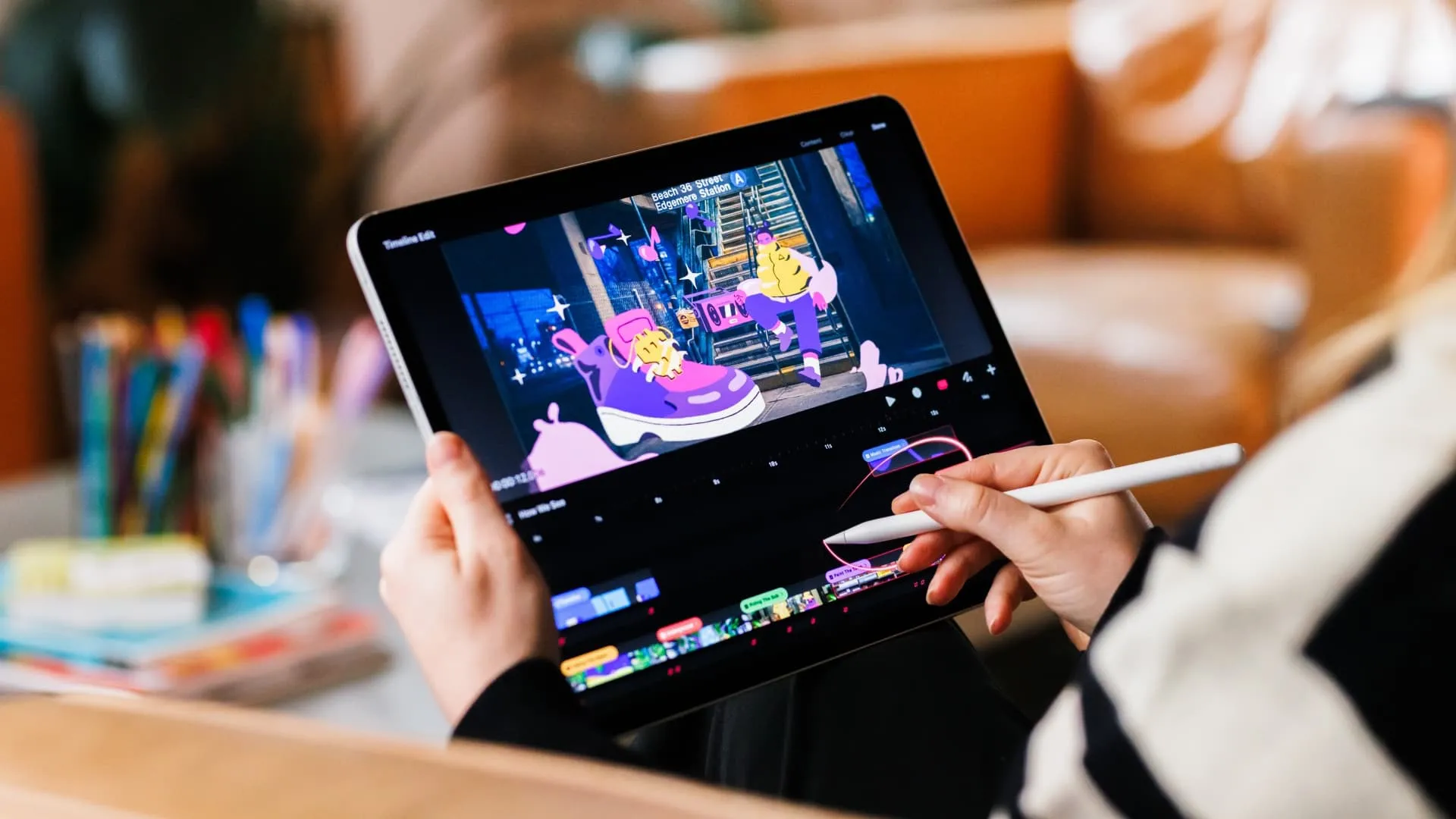 Używanie Apple Pencil do interakcji z osią czasu w aplikacji Procreate Dreams na iPada