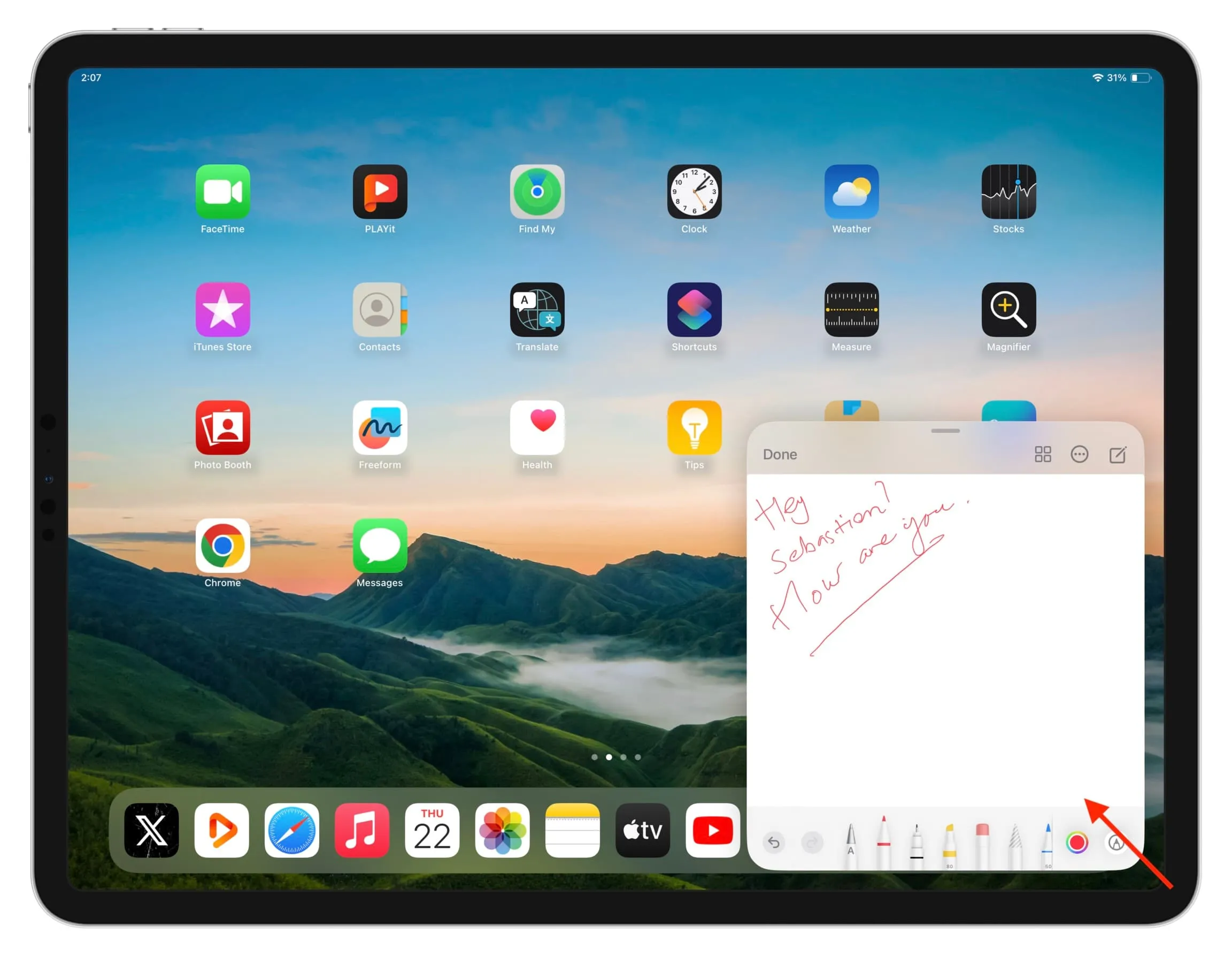 iPad 화면 오른쪽 하단에 있는 빠른 메모