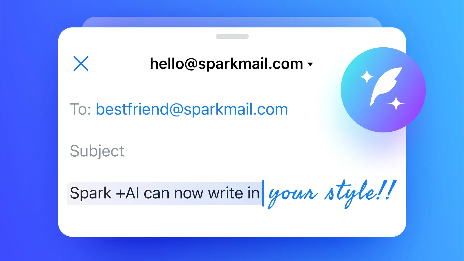 Маркетинговое изображение, рекламирующее функцию «Написание моего стиля» в почтовом клиенте Spark.