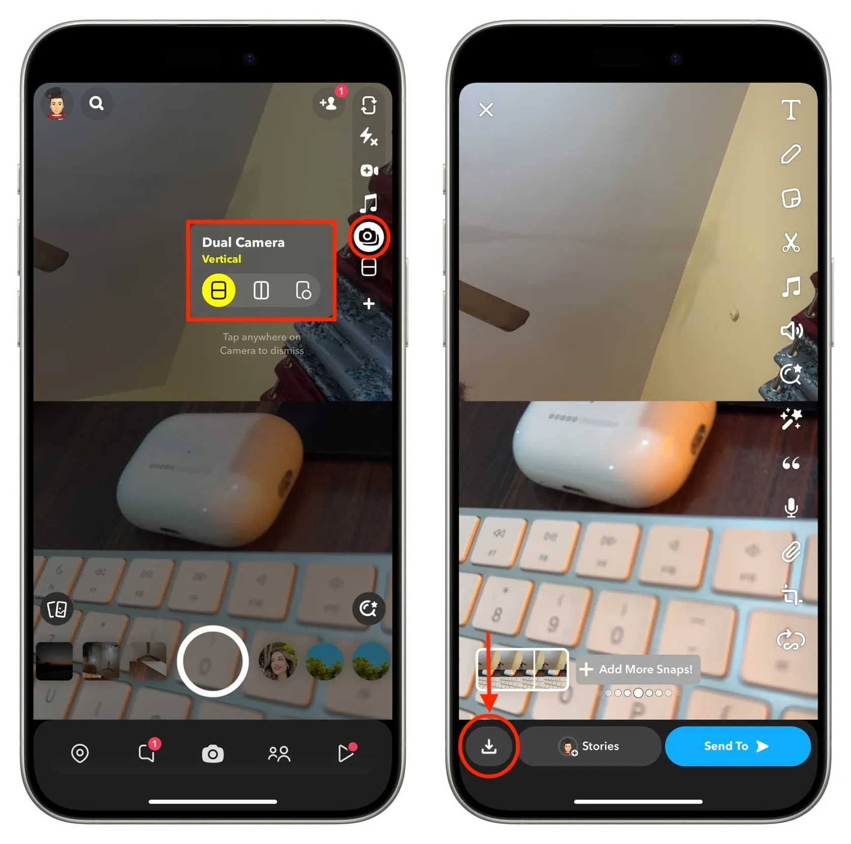 Enregistrement en mode double caméra à l'aide de l'application Snapchat sur iPhone