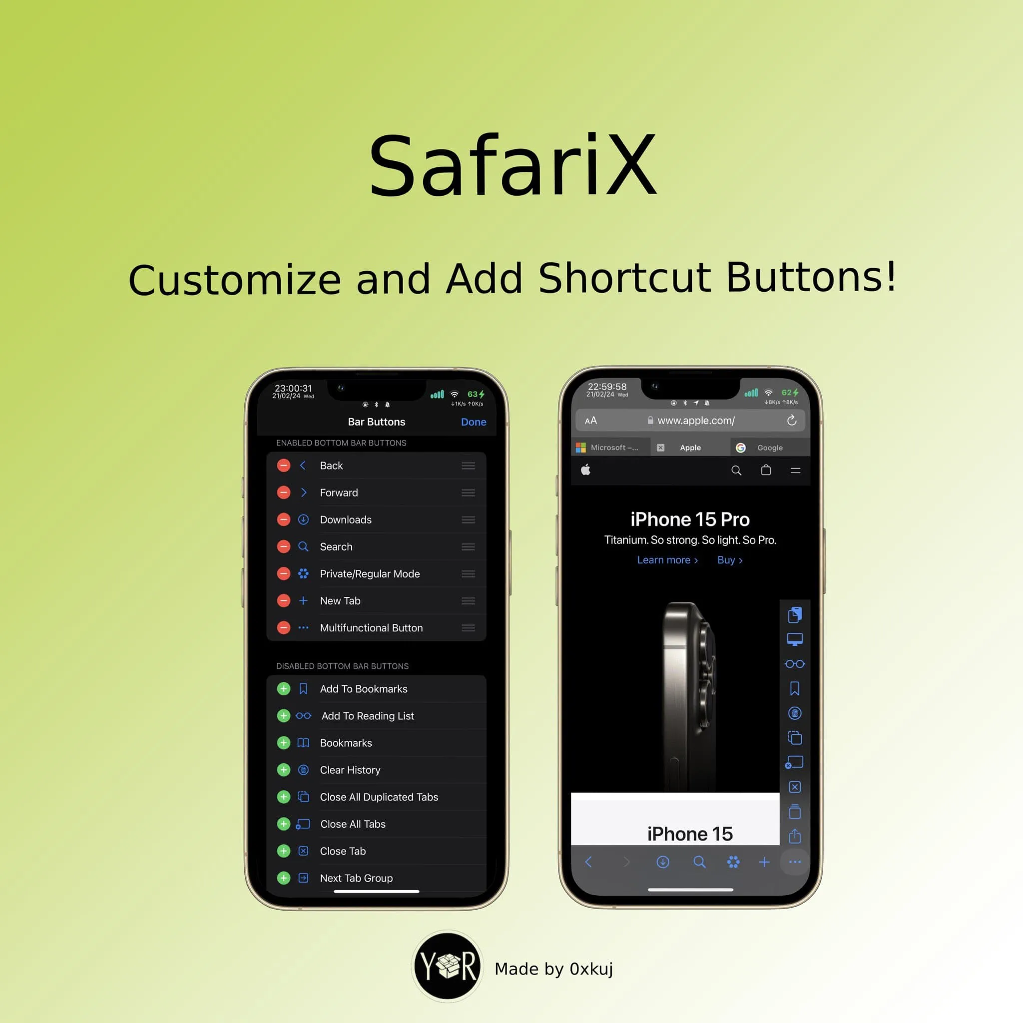 SafariX는 바로가기 버튼을 사용자 정의합니다.