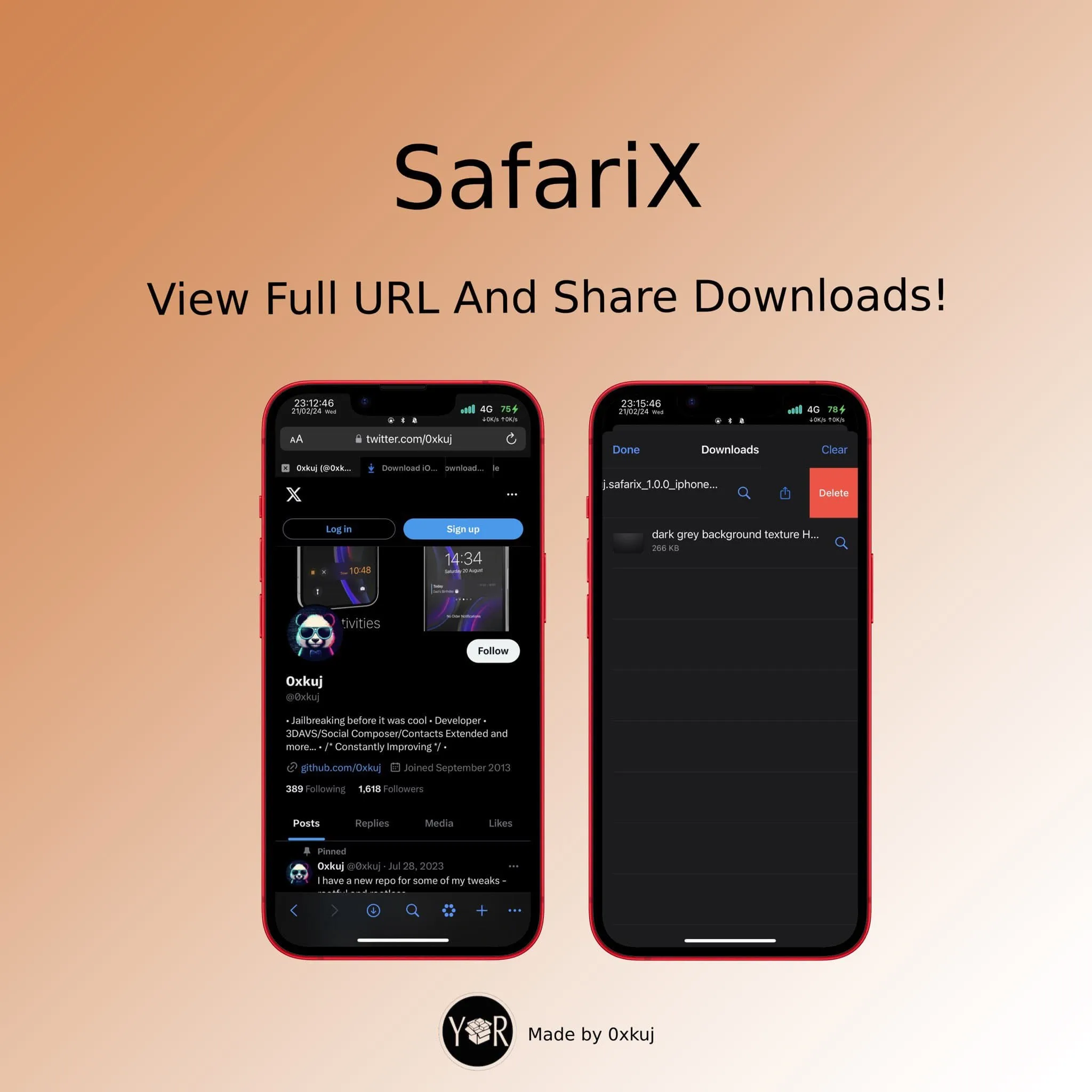 SafariX volledige URL en mogelijkheid om downloads gemakkelijker te delen.