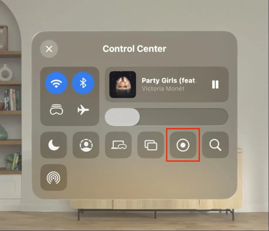 Vision Pro Control Center の画面録画ボタン