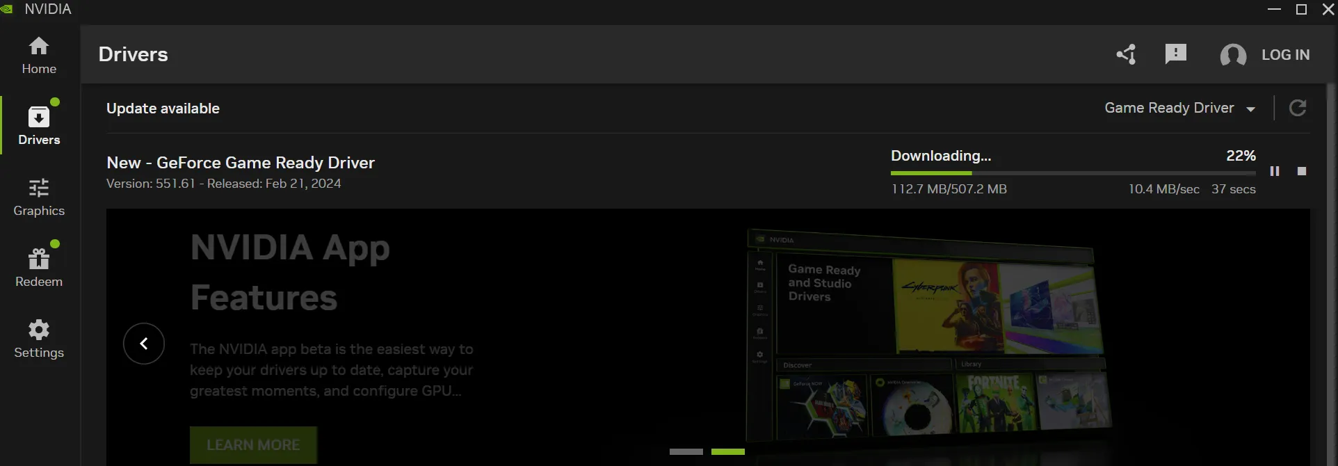 Preuve que vous pouvez, miracle des miracles, télécharger une mise à jour du pilote Nvidia dans la nouvelle application de Nvidia sans avoir à vous connecter.