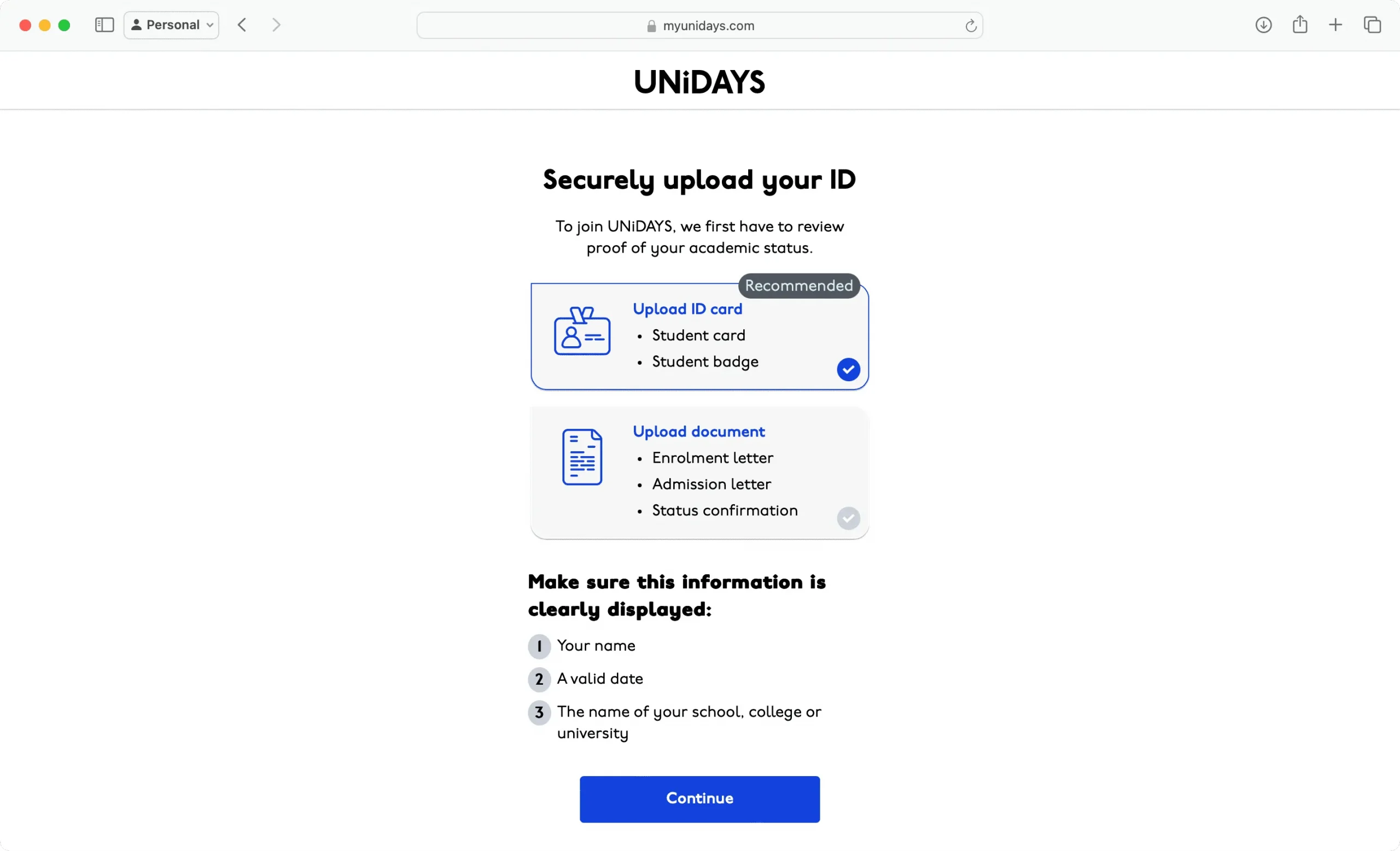 Carregue seu ID com segurança para UNiDAYS