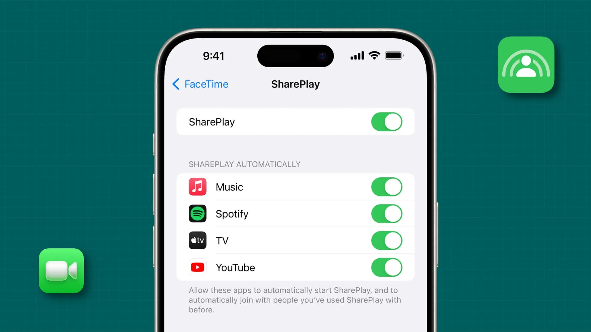 SharePlay dans les paramètres FaceTime sur iPhone