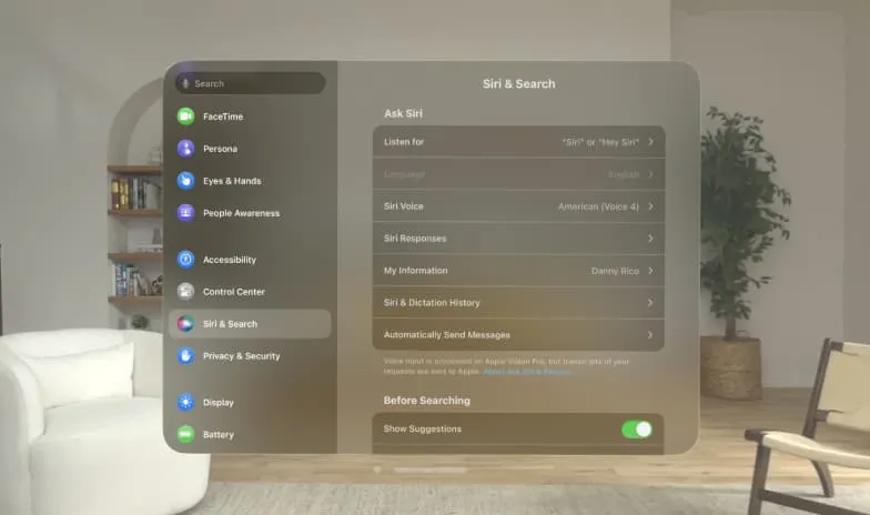 Vision Pro의 Siri 및 검색 설정