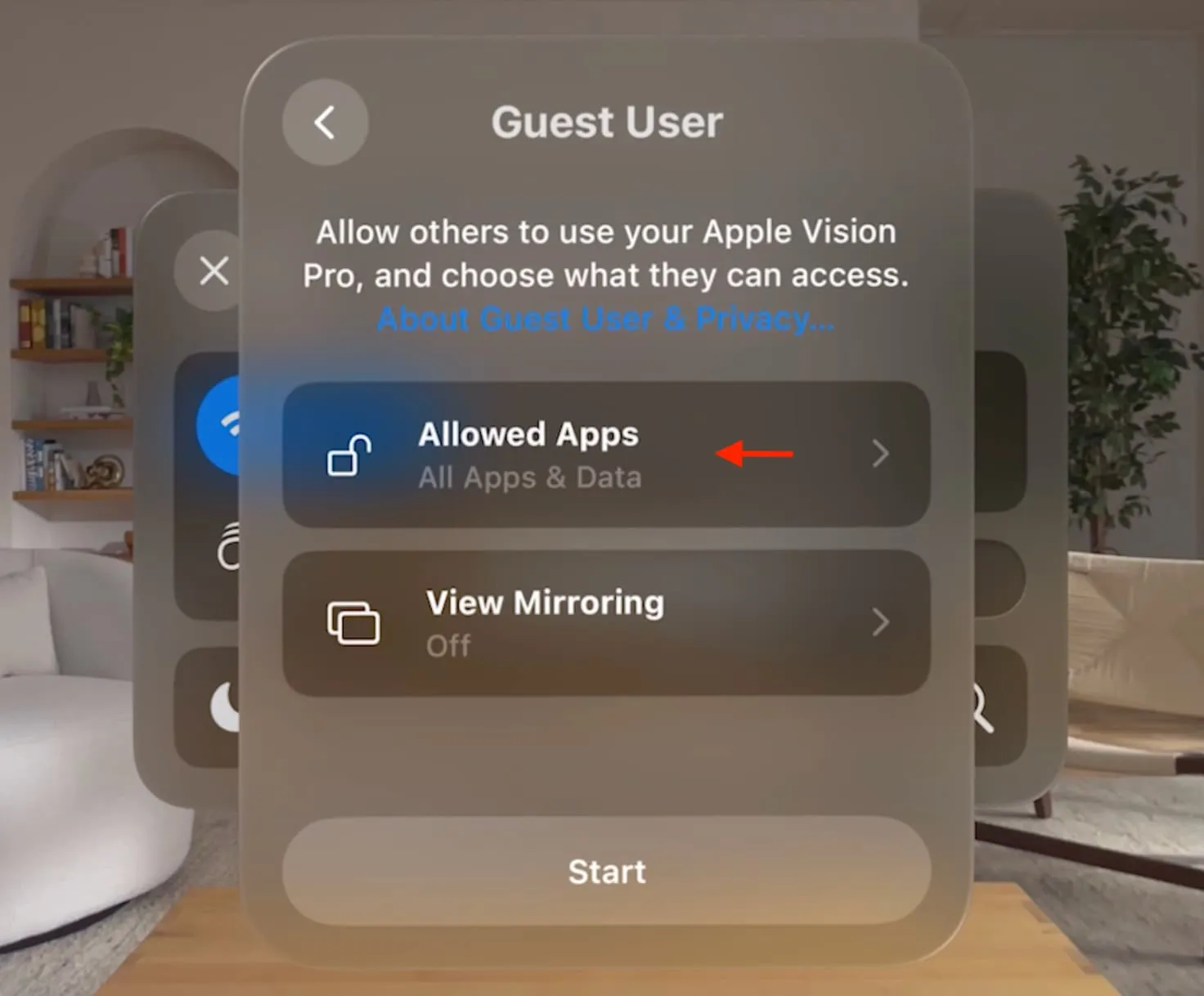 Toque Aplicaciones permitidas en el modo Usuario invitado en Vision Pro